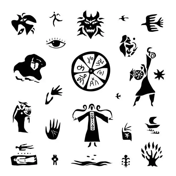 Vector illustration of shaman magician fairytale character , paganism ancient religion shamanism  - vector icon set, isolated graphic silhouettes collection