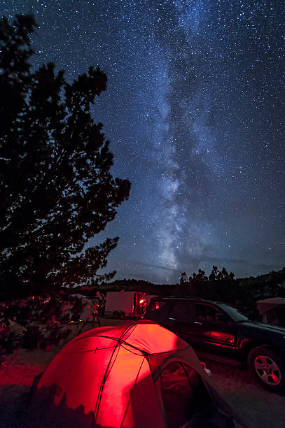 Milky Way over Tent at Star Party stock photo