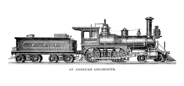 An engraved illustration image of  a vintage American locomotive from a Victorian book dated 1883 that is no longer in copyright