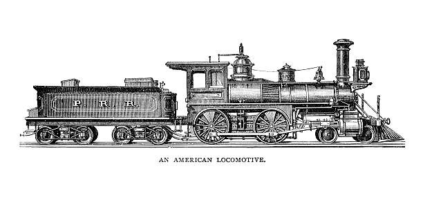 Vintage American Locomotive An engraved illustration image of  a vintage American locomotive from a Victorian book dated 1883 that is no longer in copyright steam train stock illustrations