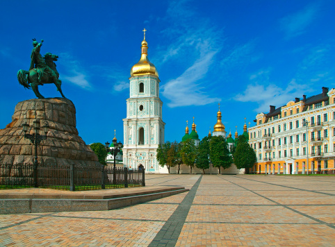 Saint Sophia Cathedral and monument to Bogdan Khmelnitsky in Kiev, Ukraine