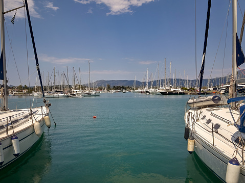 View between two boats in the marina of Gouvia, Corfu, Greece