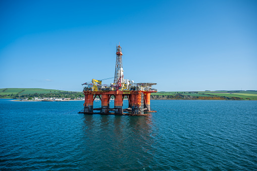 Transocean Leader oil platform at Invergordon during clear sky, wide angle shot