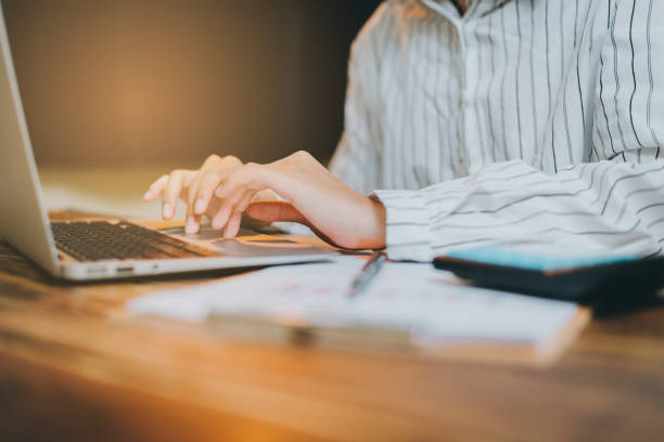 istock Young woman working on computer in office, Banner design. Business concept. hands using laptop. 1737337679