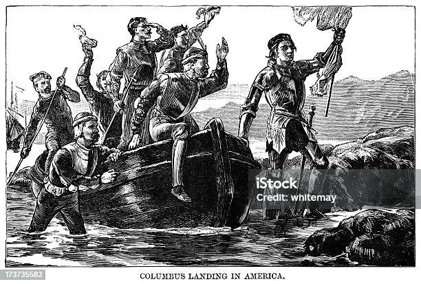 Ilustración de Columbus Landing En Estados Unidos y más Vectores Libres de Derechos de Cristóbal Colón - Explorador - Cristóbal Colón - Explorador, Llegada, Grabado - Objeto fabricado