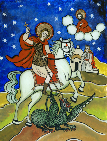 This is my artwork and I am the owner of the copyright. It represents a Romanian traditional naive icon with St George killing the dragon.The painting is on glass with gold leaf.