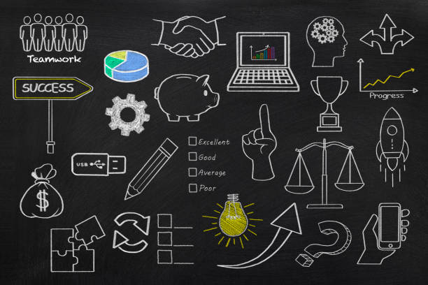 Chalkboard drawings of a set of business icons to infer success and progress towards a goal, objective or challenge.