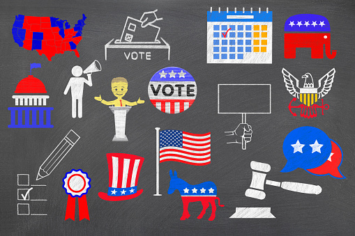 A set of chalk drawn icons representing politics in the United States. Can be used individually as design elements or as a complete theme for a constututional republic.