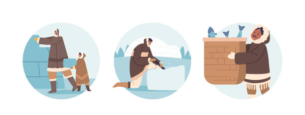 Isolated Round Icons Or Avatars Of Indigenous people Characters Construct Igloos, Using Snow Blocks, To Create Shelter And Fishing Isolated Round Icons or Avatars of Indigenous people Characters Construct Igloos, Using Snow Blocks, To Create Shelter and Fishing In The Harsh Arctic Conditions Environment. Cartoon People Vector Illustration inuit-family stock illustrations