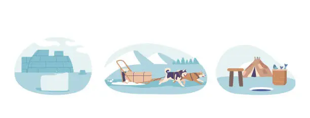 Vector illustration of Isolated Vector Elements With Indigenous people Dog Sled, Powered By Resilient Huskies, Glides Across The Snowy Tundra