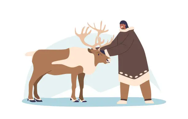 Vector illustration of Indigenous people Female Character Gently Caresses A Deer, Forming A Harmonious Connection With Nature, Vector Illustration