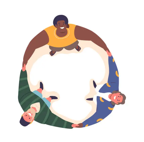 Vector illustration of Circle Of Diverse International Male Characters Standing, Arms Wrapped Around Each Other, Forming A Close-knit Bond