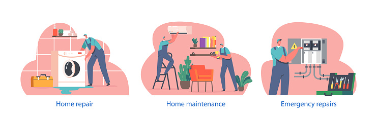 Isolated Elements With Worker Characters Repair Home. People Fixing Or Renovating House To Improve Its Functionality, Addressing Issues Like Plumbing, Electrical Problems. Cartoon Vector Illustration