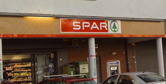 A photo of the exterior of a Spar grocery shop in Dublin, Ireland.