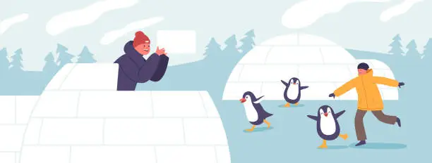 Vector illustration of Joyful Children Frolic With Penguins And Building Igloo, Their Laughter Echoing In A Winter Wonderland Camp, Vector
