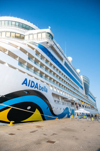 AIDA Bella Cruise ship view from the side with port in front, vertical shot