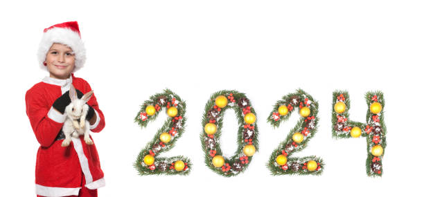 istock Boy holding a christmas rabbit and 2024 number 1737396433