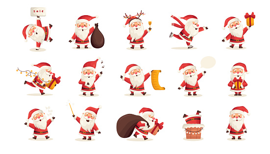Set of funny cute Santa Claus characters with different poses, emotions, holiday situations isolated on white background. Christmas holiday vector illustration in flat cartoon style