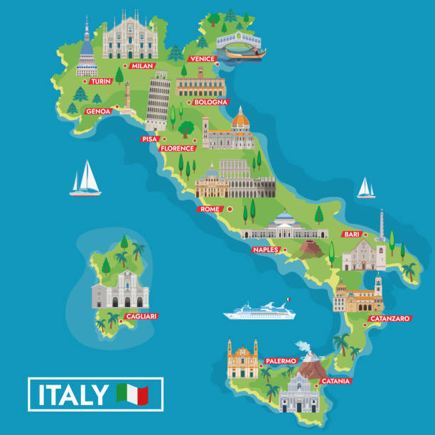 ilustraciones, imágenes clip art, dibujos animados e iconos de stock de mapa de viaje de italia - italian culture rome europe cartoon