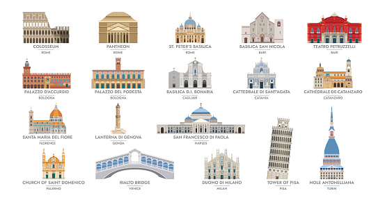 Famous Italy building. Italian travel landmarks. Vector illustration.