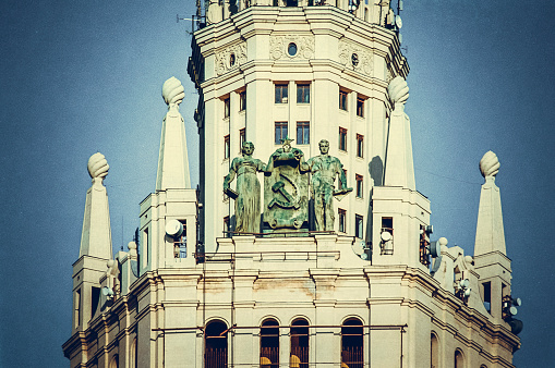 Deatail of the facade of a Stalin period style building in Moscow