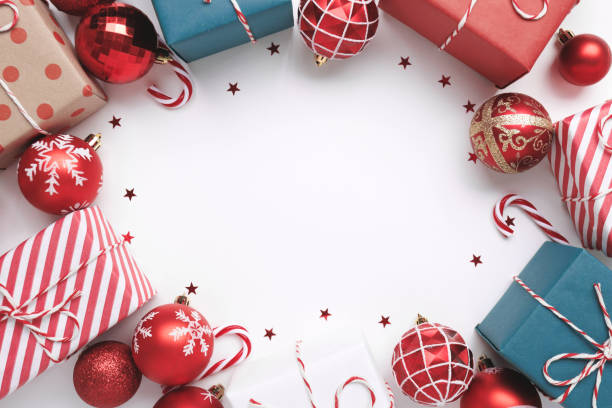 istock Christmas frame with gift boxes and balls on white 1737441257