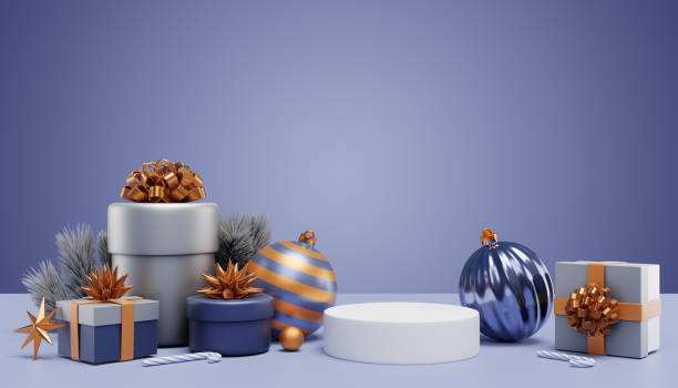 istock Merry Christmas.Gift boxes podium with Christmas tree branches and decorations on blue nova background. 3D rendering 1737446648