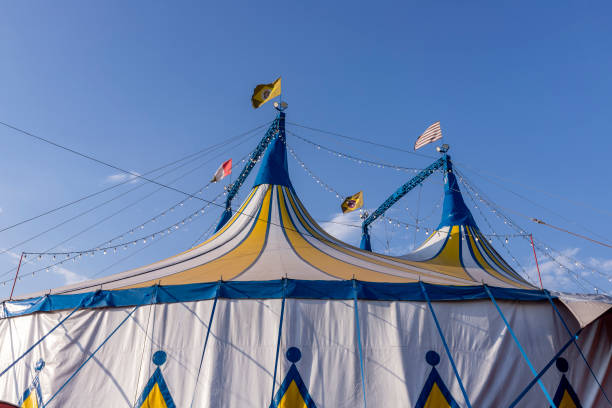 istock Circus tent blue, yellow and white striped pattern  with brazilian flag 1737448247