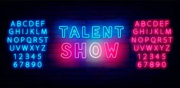 Vector illustration of Talent show neon inscription. Celebrity competition. Shiny typography on brick wall. Vector stock illustration