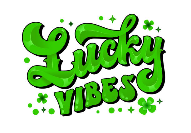 istock Lucky vibes, trendy 70s groovy style lettering design. Isolated typography illustration with sparkles and clover, in green colors. Glossy phrase in modern script inscription. Quote for any purposes 1737450493