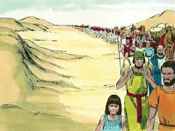 The Israelites were living in captivity in Egypt. They were persecuted and abused. Pharaoh ordered that all Hebrew newborn boys be killed. Moses was born during this time. His mother hid him in a basket and Pharaoh’s daughter found him and raised him in the palace. God spoke to Moses through a burning bush and instructed him to lead the Israelites out of Egypt to Canaan, the “Promised Land.” It took a long time to get Pharaoh to allow the Israelites to leave. Before leaving, the first Passover was observed. God told Moses that He would pass through Egypt and that every Egyptian boy would die. All Israelites were to place the blood of a lamb on the door so their houses would be passed over and the boys would live. After that Pharaoh allowed them to go. Moses was the leader on the journey and along the way he performed miracles like parting the Red Sea, turning his staff to a serpent, and turning the river water to blood. He was given the Ten Commandments. The Israelites were guided by God in the form of a pillar of cloud by day and a pillar of fire by night. The journey was long, filled with good days, trials, and grumbling. Eventually, after 40 years in the wilderness, they made it. Moses saw the promised land and then died. He never actually made it there.  
