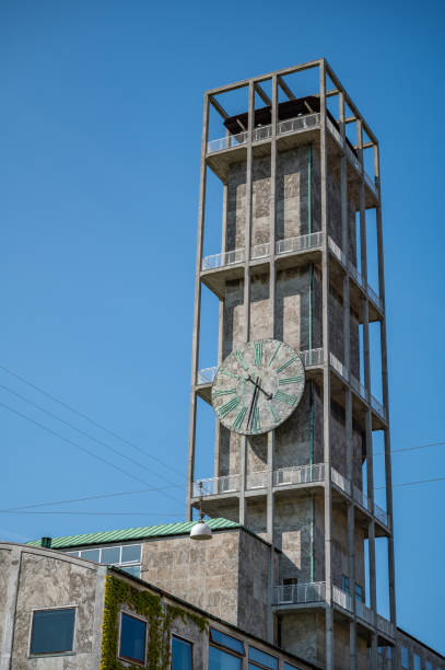 istock Aarhus City Hall with clock tower, low angle view, clear sky, vertical shot 1737474516