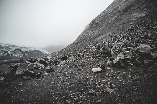 Rocky Landscape around Solheimajokull Glacier during rainy weather, Iceland