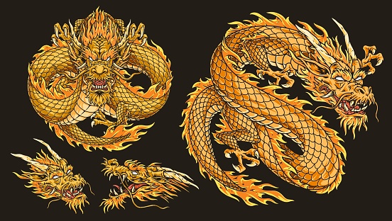 Chinese dragon colorful set logotypes with golden mythical creature from eastern culture and shadow play legends vector illustration