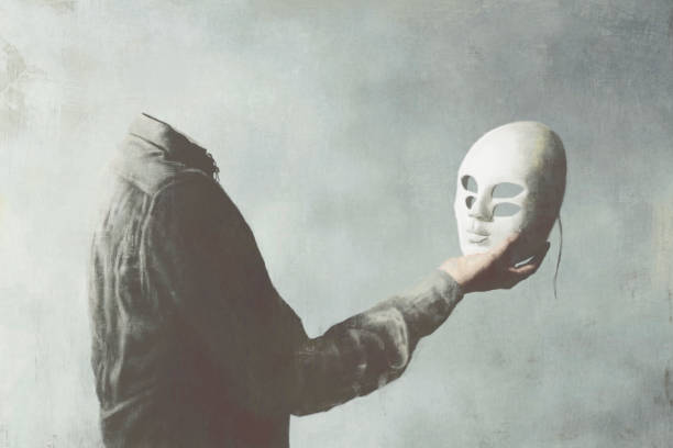 illustration eines mannes, der eine surreale maske hält, abstraktes konzept - liar dishonesty costume men stock-grafiken, -clipart, -cartoons und -symbole