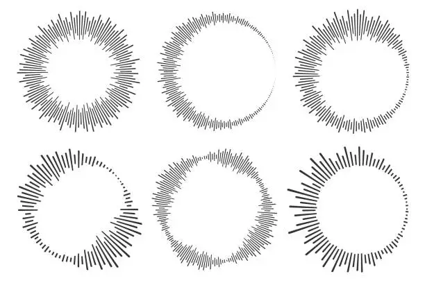 Vector illustration of Circle sound wave. Audio music equalizer. Round circular icons set. Spectrum radial pattern and frequency frame. Vector design