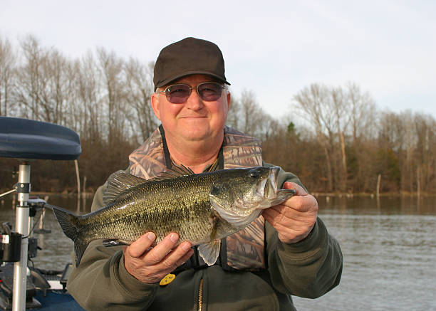 A fisherman on a boat in a lake holding up his latest catch Mr. Johnnie holding up a nice largemouth. bass fish photos stock pictures, royalty-free photos & images