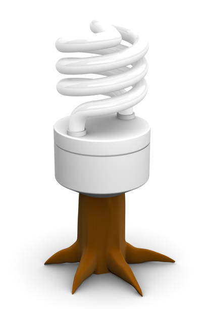 Eco-freindly lightbulb CFL bulb on a tree trunk - eco- friendliness concept. tree with light bulb roots stock pictures, royalty-free photos & images