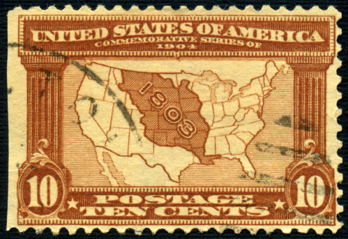 A rare United States postage stamp issued in 1904 commemorating the Louisiana Purchase Exposition in St. Louis, MO.