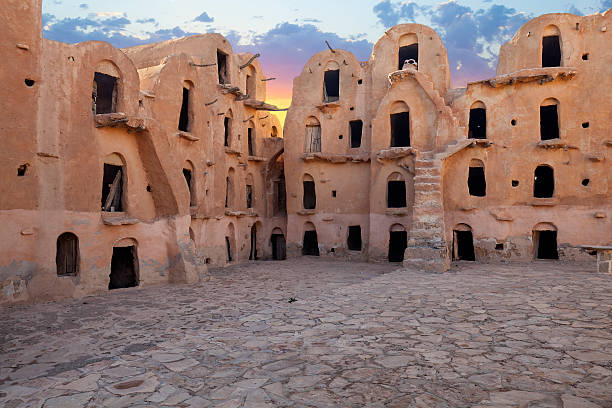 Ksar Ouled Soltane, Tataouine district in southern Tunisia Ksar Ouled Soltane is a fortified granary, or ksar, located in the Tataouine district in southern Tunisia. The ksar is spread out over two courtyards, each of which has a perimeter of multi-story vaulted granary cellars, or ghorfas. Like other ksour (plural of ksar) created by North African Berber communities, Ksar Ouled Soltane is located on a hilltop, to help protect it from raiding parties in previous centuries. tun stock pictures, royalty-free photos & images