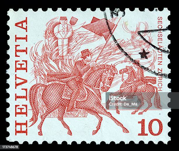 Svizzera Da 10 Centesimi Francobollo Postale - Fotografie stock e altre immagini di Carta - Carta, Cavallo - Equino, Colore nero