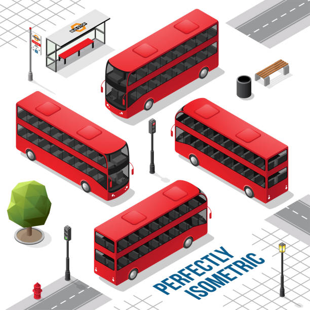 illustrations, cliparts, dessins animés et icônes de bus isométrique à impériale rouge et noir de l’avant, de l’arrière, de la droite et de la gauche - isometric car vector land vehicle