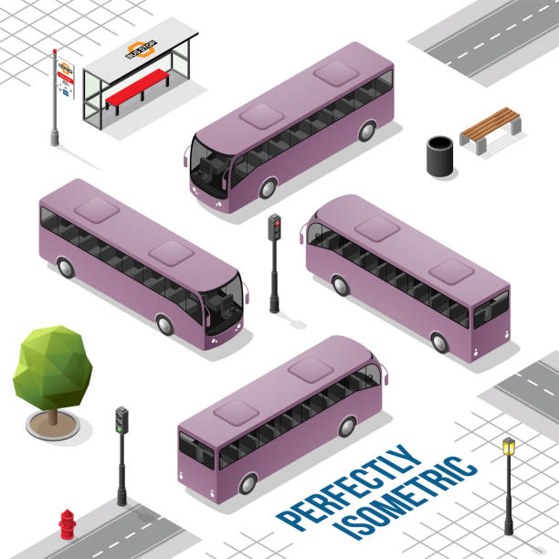 illustrations, cliparts, dessins animés et icônes de bus isométrique violet de l’avant, de l’arrière, de la droite et de la gauche - isometric car vector land vehicle