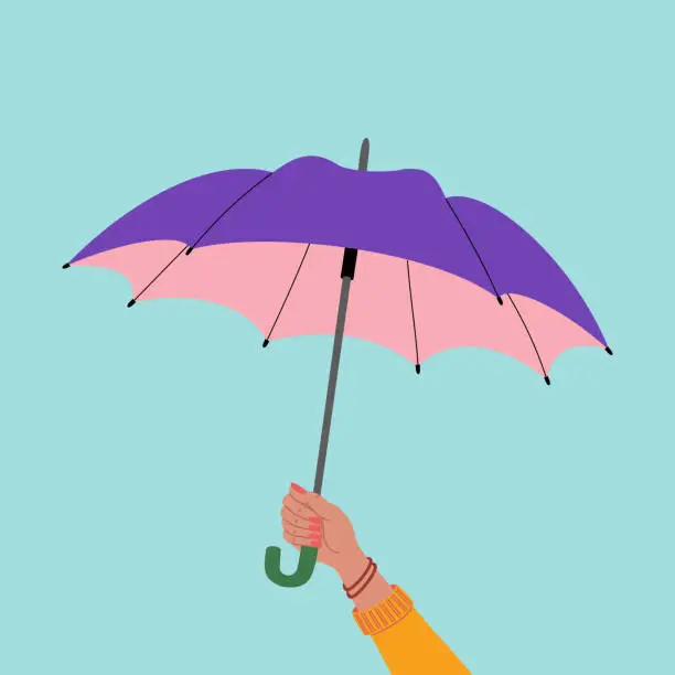 Vector illustration of Female hand holding open colorful umbrella. Symbol of protection and security.