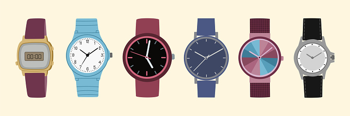 Set of modern wristwatches. Fashion clock collection. Various accessories for men and women. Hand drawn vector illustration isolated on light background, flat cartoon style.