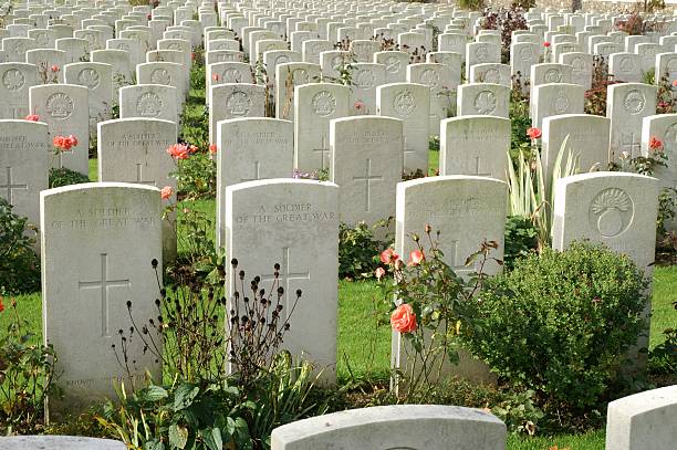 Zonnebeke, Belgium - August 7, 2021. An overview of the many graves of fallen british soliers in the first world war, at the Tyne Cot war cemetary, near Ypres in West Flanders.