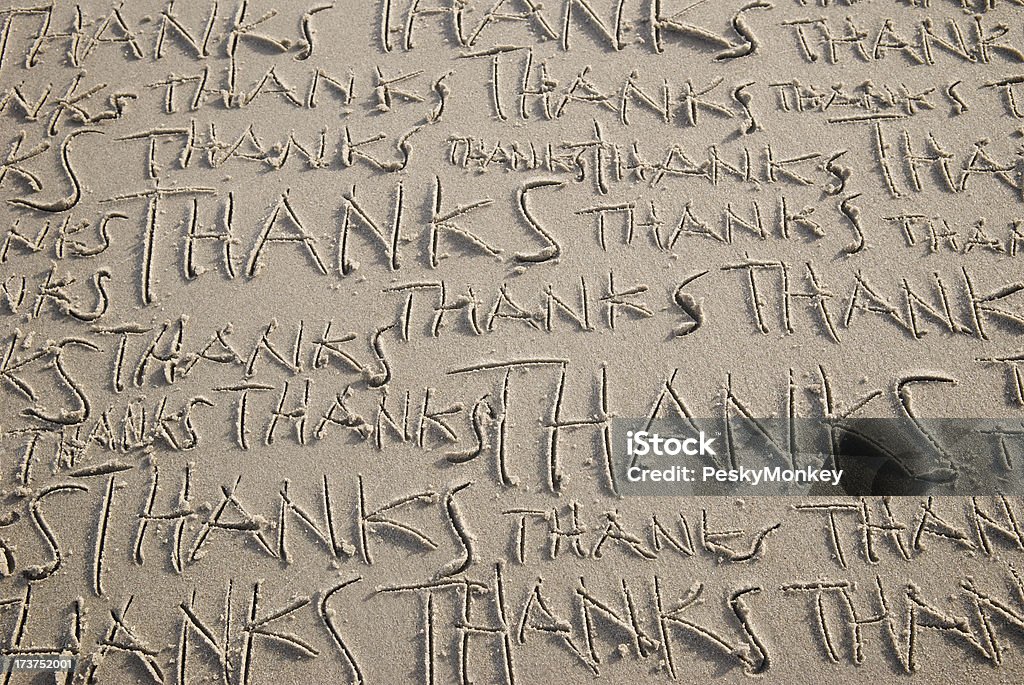 Many Thanks Message Handwritten on Sand Beach Many Thanks handwritten in the sand Thank You - Phrase Stock Photo