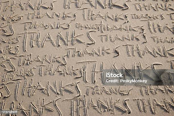 Many Thanks Message Handwritten On Sand Beach Stock Photo - Download Image Now - Thank You - Phrase, Business, Concepts