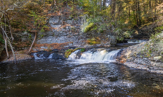 Small waterfall at the top of Raymondskill Falls in Delaware Water Gap National Recreation Area in Pennsylvania