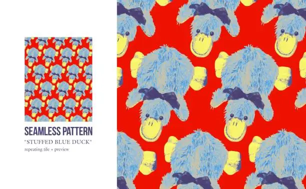 Vector illustration of Children's pattern with stuffed blue duck on red background. Cute animal with fluffy paws. Vintage illustration. Seamless pattern repeating tile and a preview. For kids design, toy shop, kindergarten